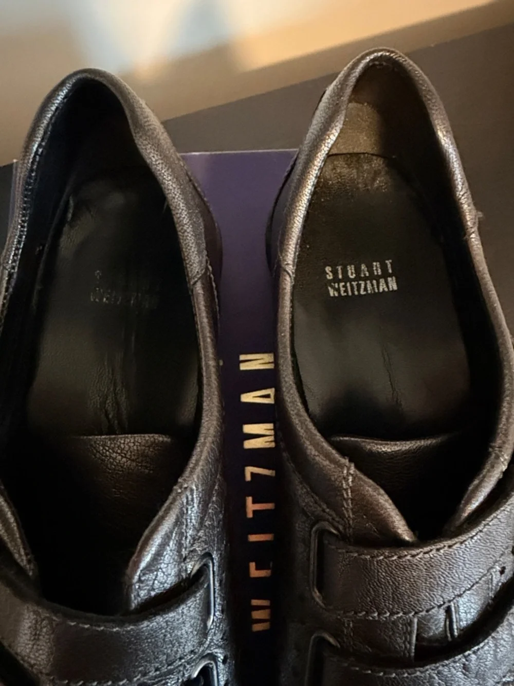 Stuart Weitzman Women’s Black Leather Slip-On Sneakers with Velcro Straps